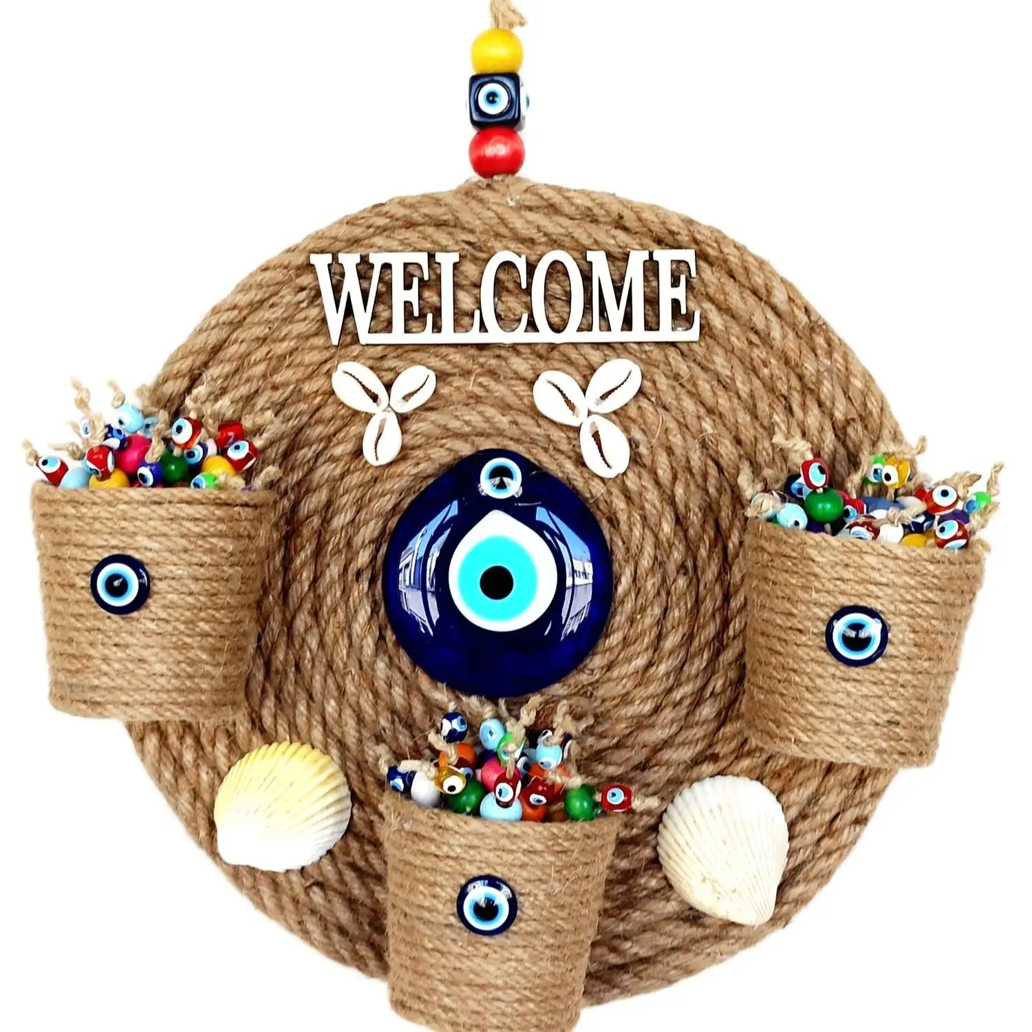 

Wicker Door Ornament with Three Pots, 'Welcome' Written, Seashell, Evil Eye Bead