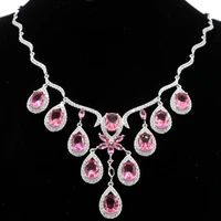 80x54mm princess cut big heavy 31g created pink tourmaline white cz ladies silver necklace 17 18inch