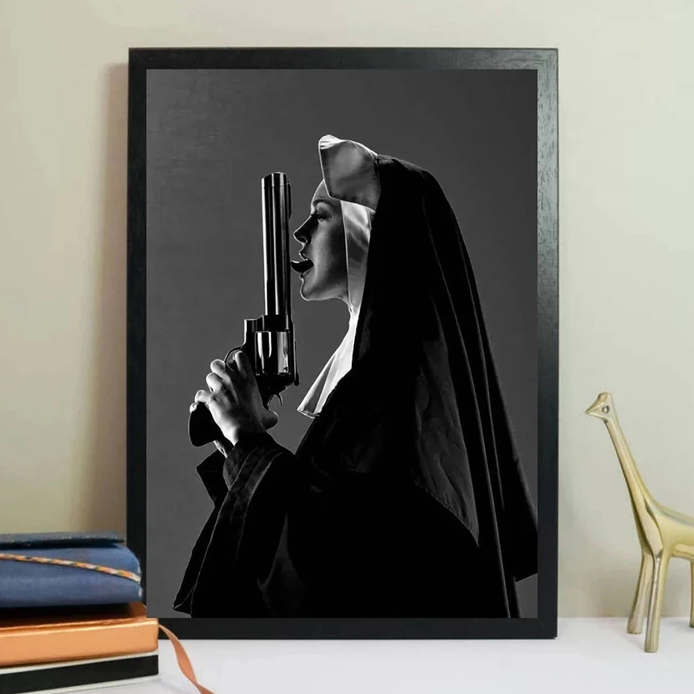 

Vintage Black And White Cool Nun Killer Canvas Painting Art Prints Funny Girl Poster Picture Wall Decor For Living Room Unframe