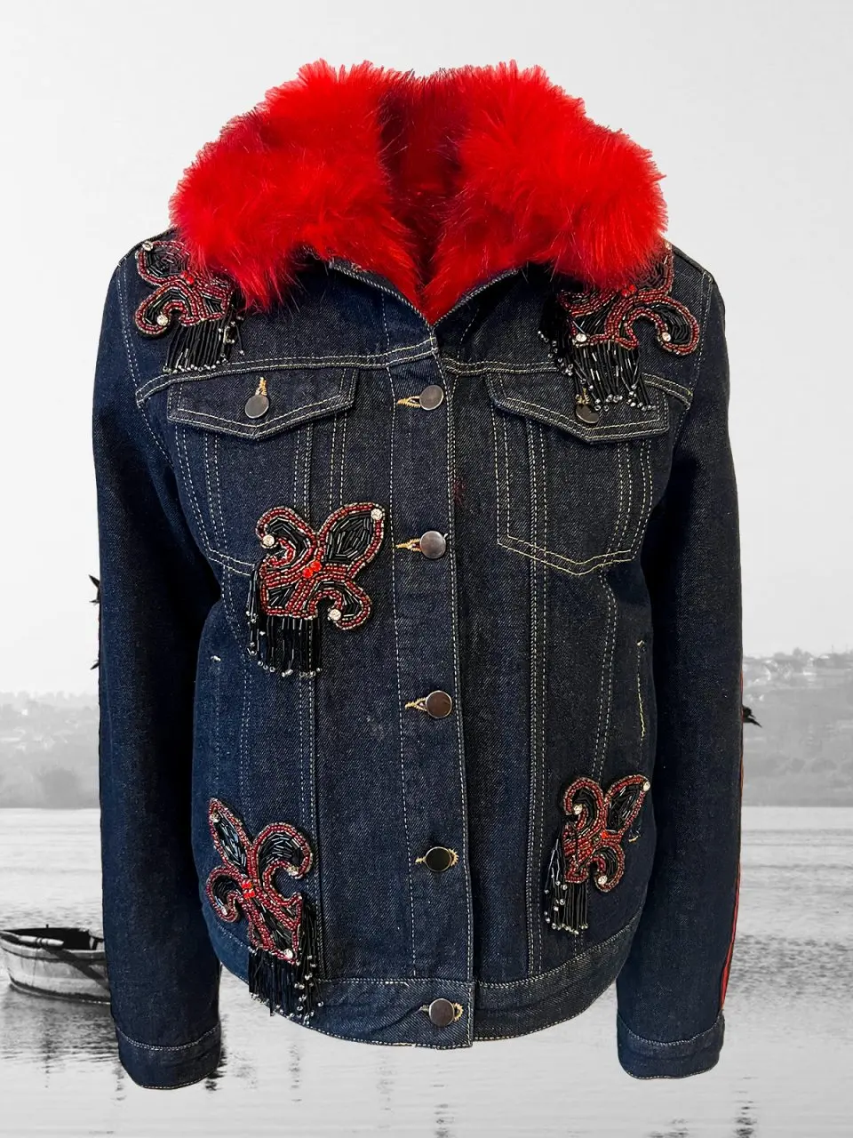 

2022 Fashion Red Faux Fur Black & Red Crystal Stone Embroided Women Denim Jean Jacket