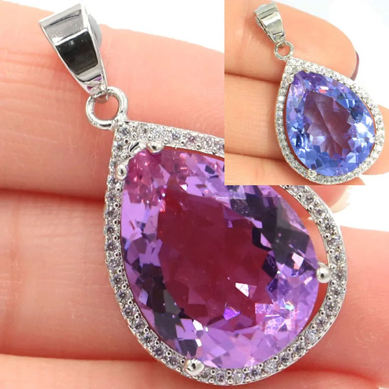 

32x19mm SheCrown Water Drop 20x15mm Gemstone Created Color Changing Alexandrite & Topaz White CZ Gift For Ladies Silver Pendant