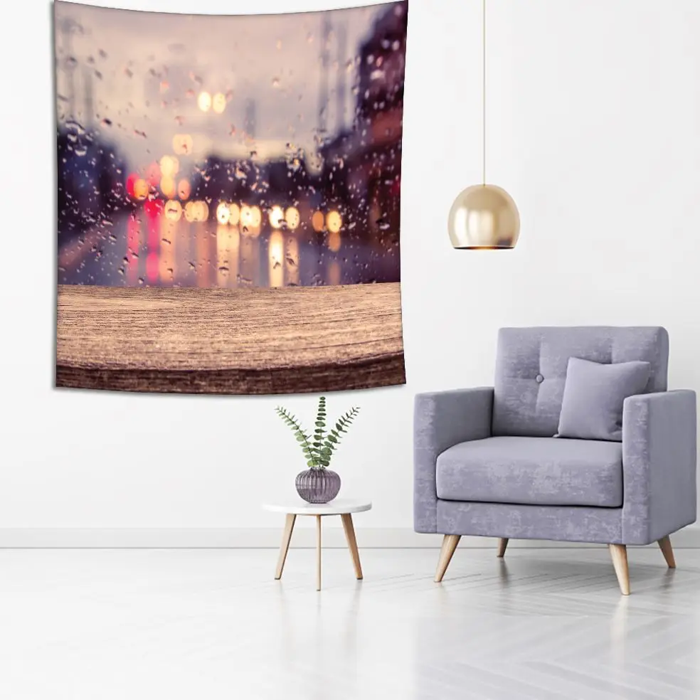 Tapestry Wooden Table with Blur Traffic View through a Car Windscreen Covered in Raindrops Rainy Evening Picture Brown Yellow | Дом и сад