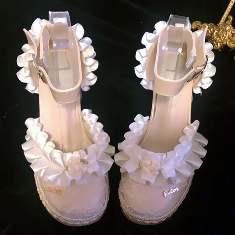 

Lolita Shoes Women Square Toe High & Low Vintage Heels Flower Lace Embroidery Fairy Cute Kawaii Sweet Cosplay Zapatillas Mujer