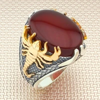 real pure sterling silver ring 925 for men scorpion red black agate stone mens ring gemstone handmade turkish jewelry