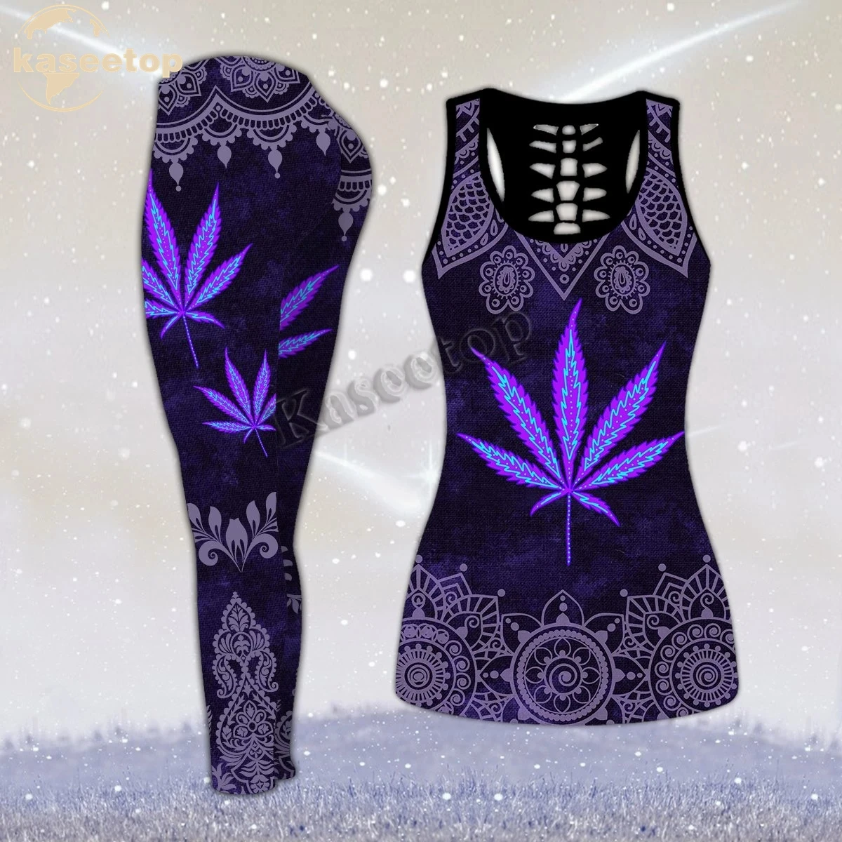 

Purple Weeds Tank Top 3D Print Women Two Piece Yoga Set Vest Hollow Combo Tank Top Legging Waist Sport Fitness Quick Dry 323
