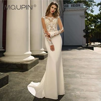 mqupin mermaid illusion wedding dresses satin lace appliques lace long sleeves robe back button for women bridal gowns a97