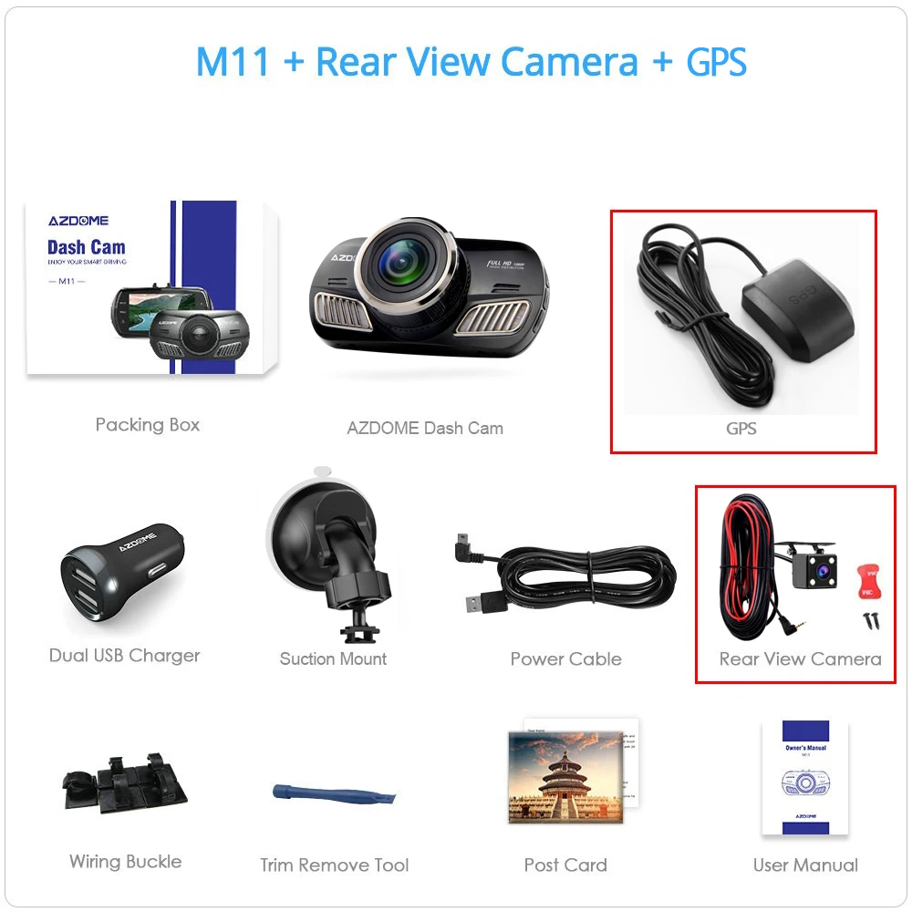 M11-RVC-GPS AZDOME M11 Dash Cam 3 дюймов 2.5D ips экран Автомобильный видеорегистратор HD 1080P Автомобильный видеорегистратор ночного видения Dash камера gps - Название цвета: M11-RVC-GPS