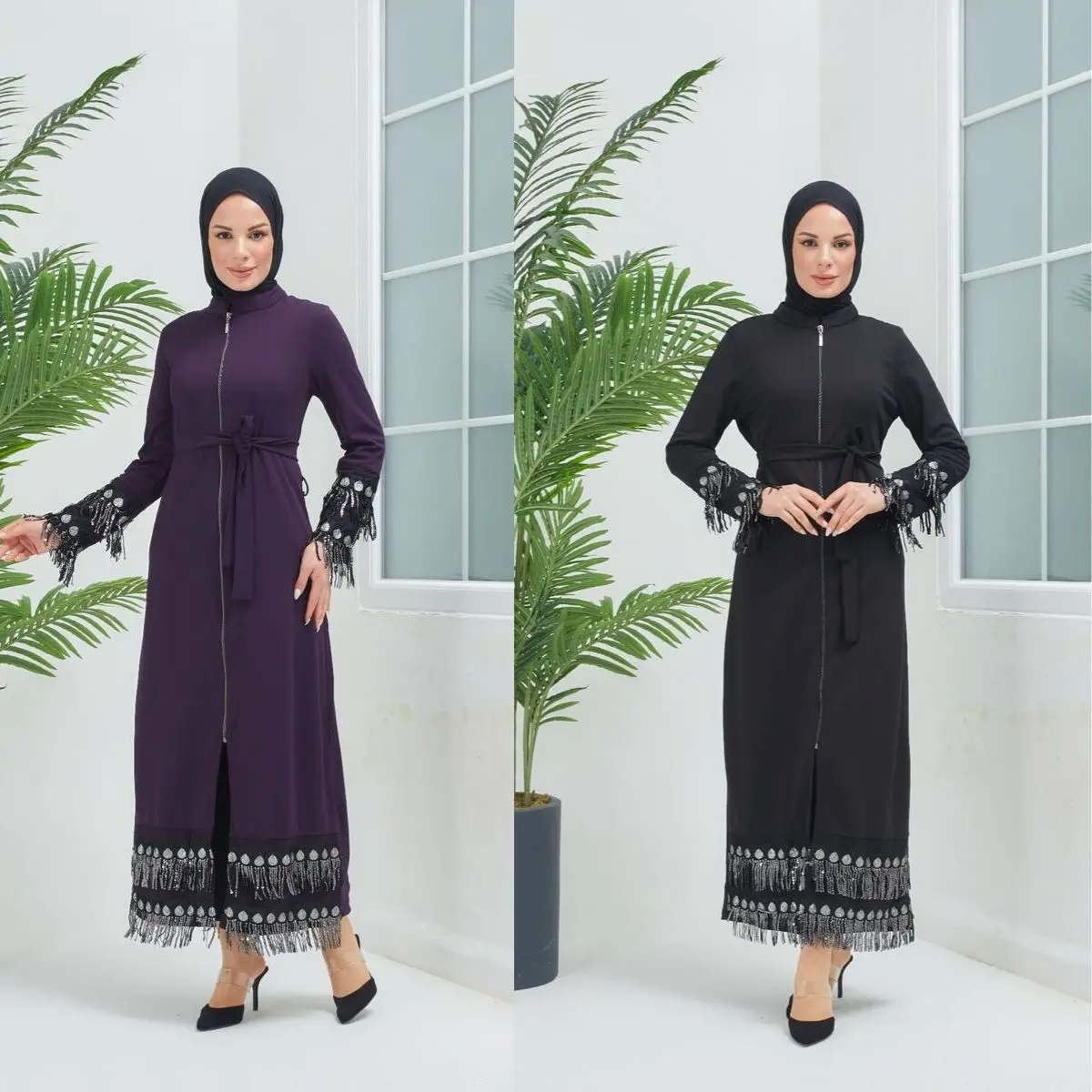 Skirt And Sleeves Sequin Detailed Zippered Abaya Daily Seasonal Spring Women  Hijab  Clothing  Muslim  Fashion  Islam
