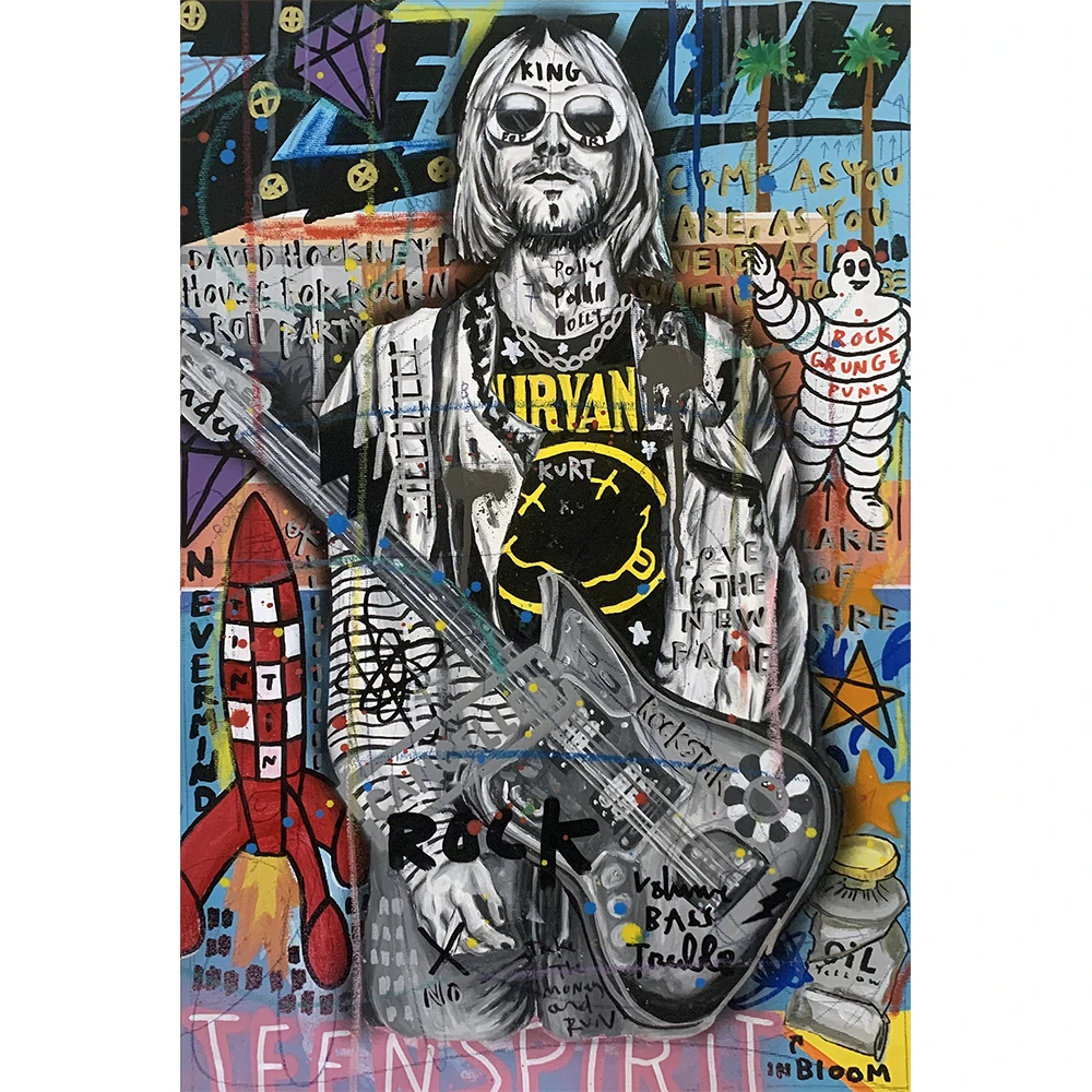 Poster and Prints Graffiti Street Art Rock singer Kurt Cobain Canvas Painting Pop Wall Picture For Living Room Home Decor | Дом и сад
