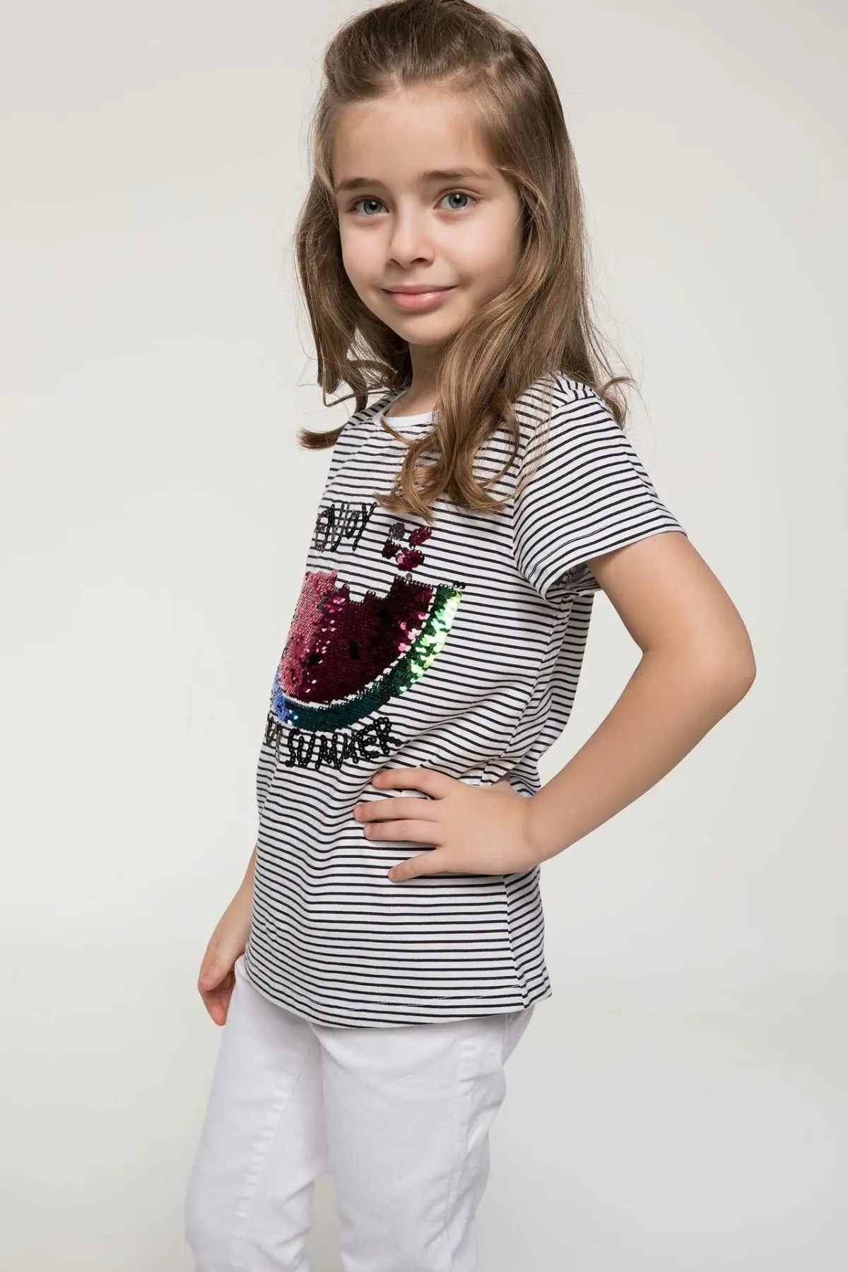 DeFacto Girl Summer Sequins Top Tees Girls Casual Striped T-Shirts Kids White Black Striped Short Sleeve Body Tees-J3925A618HS