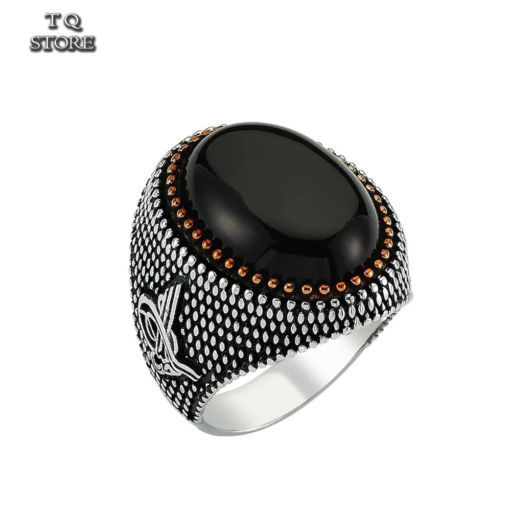 

925 Sterling Silver Ring for Men .Black Agate Stone Ottoman Tugra Male Silver Ring