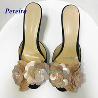 2022 black floral slip on slippers open toe thin heel slippers summer womens shoes luxury sexy party shoes plus size flower