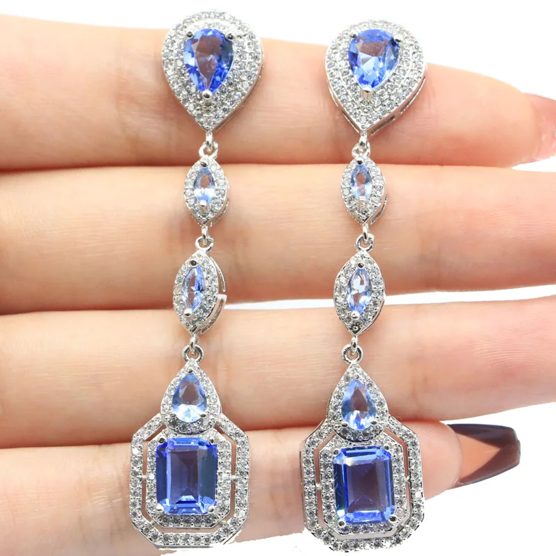 

64x14mm Stunning 10.3g Violet Tanzanite Pink Raspberry Rhodolite Garnet CZ Women Dating Silver Earrings