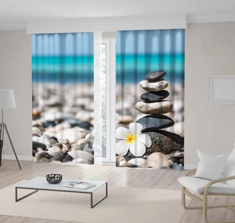 

Curtain Flower and Mini Pyramid with Stones horse Beach Nature Health Tranquility Theme Blue White Beige