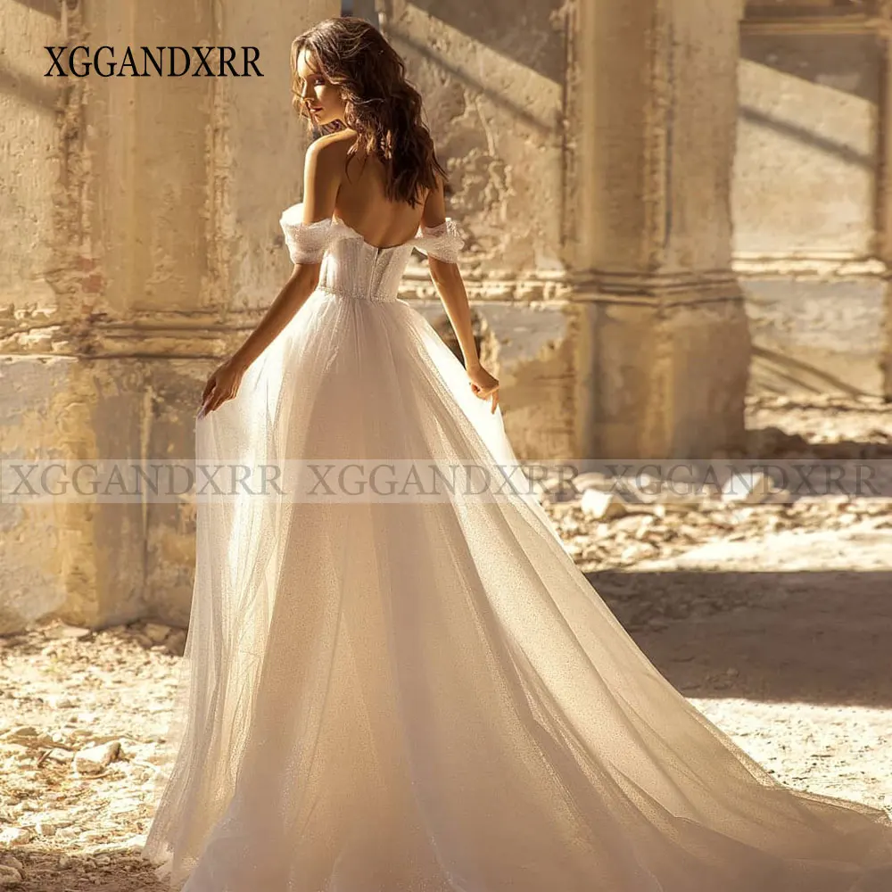 

Romantic A Line Wedding Dress 2022 Bridal Gown Sweetheart Off Shoulder Backless Sparkly White Formal Bride Wear Plus Size