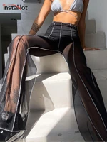 instahot sexy see through women trousers slit high waist summer mesh flared pants slim party club casual female clothing 2022