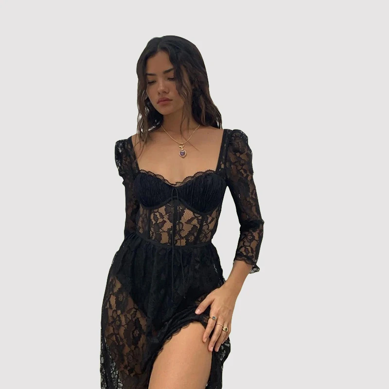 

2022 Y2k Fashion Party Beach Vacation Black Sexy Lace Long Dress Women's Summer Spring Quarter Sleeve Mid-calf Dresses Vestido