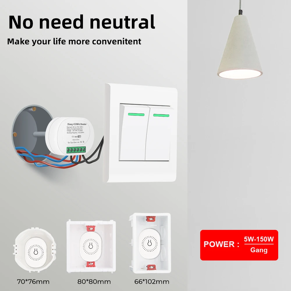 Без нейтрального провода 1/2 Gang 2 Way RF 433MHZ Switch Light Smart Wireless Module Home Electric Control Wall On Off Breaker