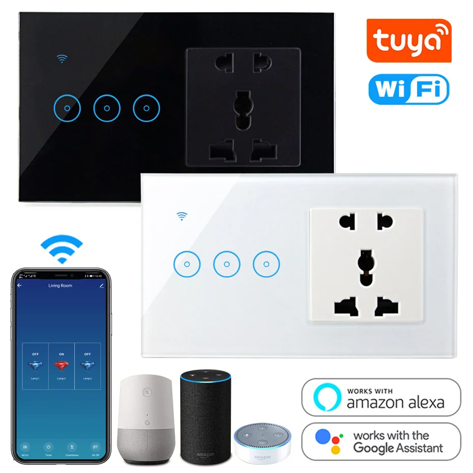 

Tuya WiFi Smart Switch 1/2/3 gang Light Touch Wall Switch with 5 Hole Universal Socket Compatible Alexa Google Home Smart Life