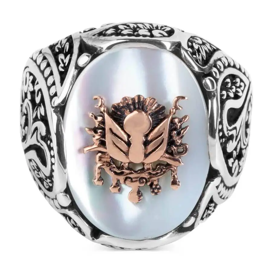 Ottoman Coat of Arms Mother White Pearl Stone 925 Sterling Silver Ring for Men ring | Украшения и аксессуары