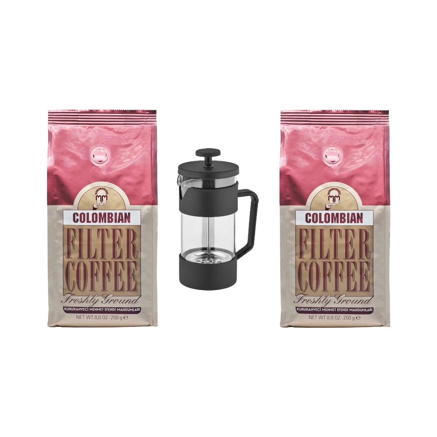 

GREAT Kurukahveci Mehmet Efendi Colombian Filter Coffee 250 gr x 2 + French Press 400 ml FREE SHİPPİNG