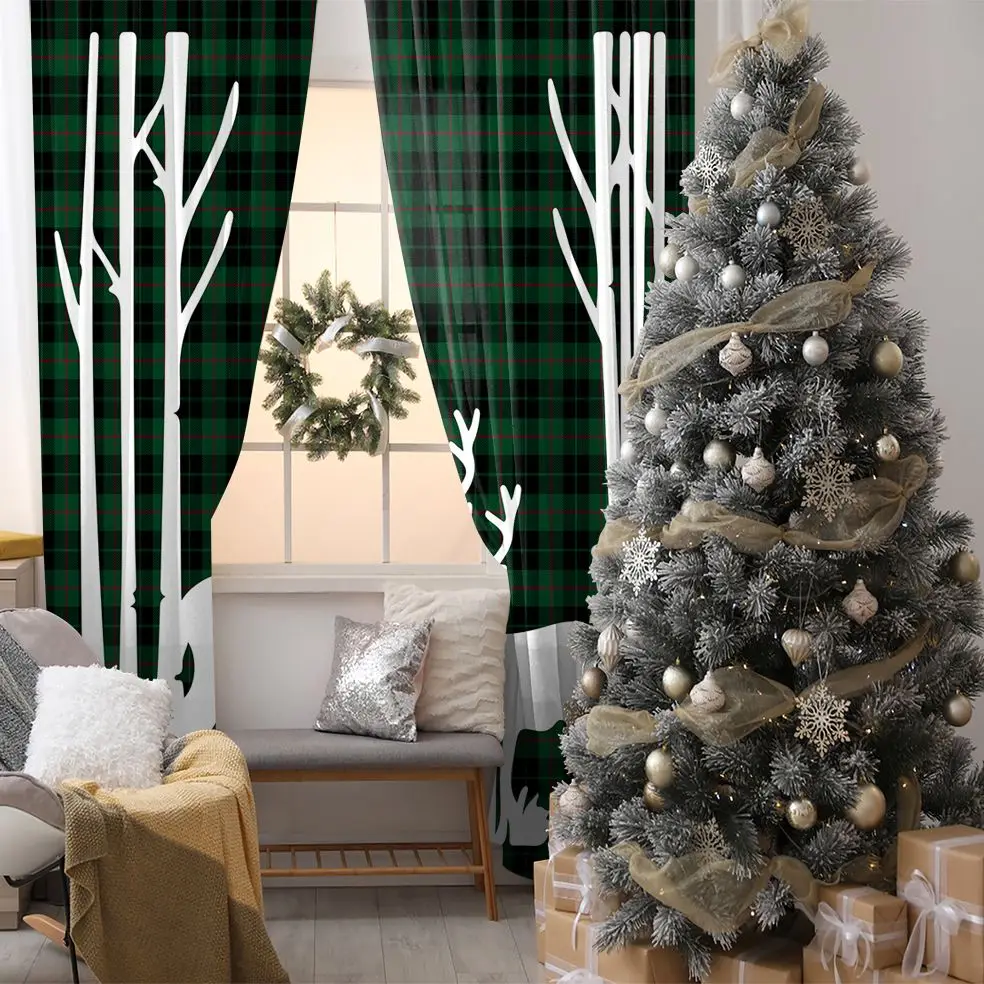 

Curtain Reindeers in Forest Trees Silhouette on Plaid Pattern Traditional Christmas Decor Artwork Printed White Green Black