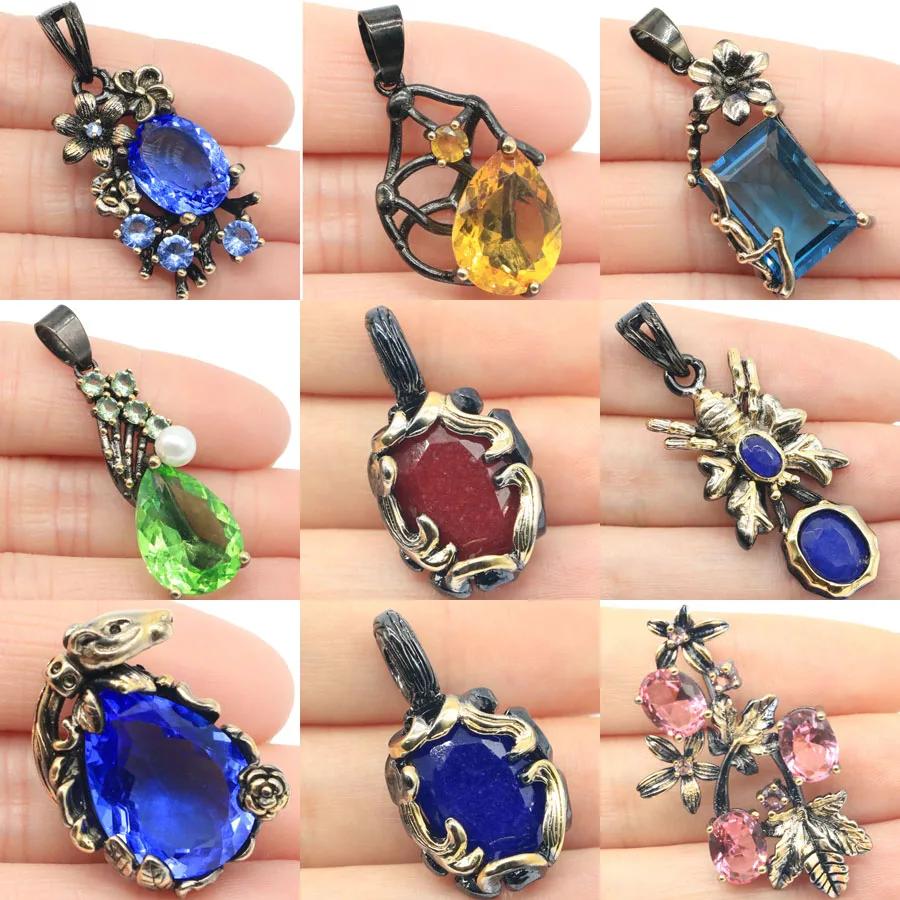 

44x20mm Neo-Gothic Real Ruby Green Emerald Blue Topaz Citrine Violet Tanzanite Gift Daily Wear Black Gold Silver Pendant