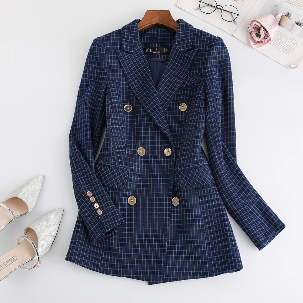 

Fashion High Quality Pant Suit Women Girl Female Blue Apricot Plaid Double Breasted Work Jackets Blazer 2 Piece Set