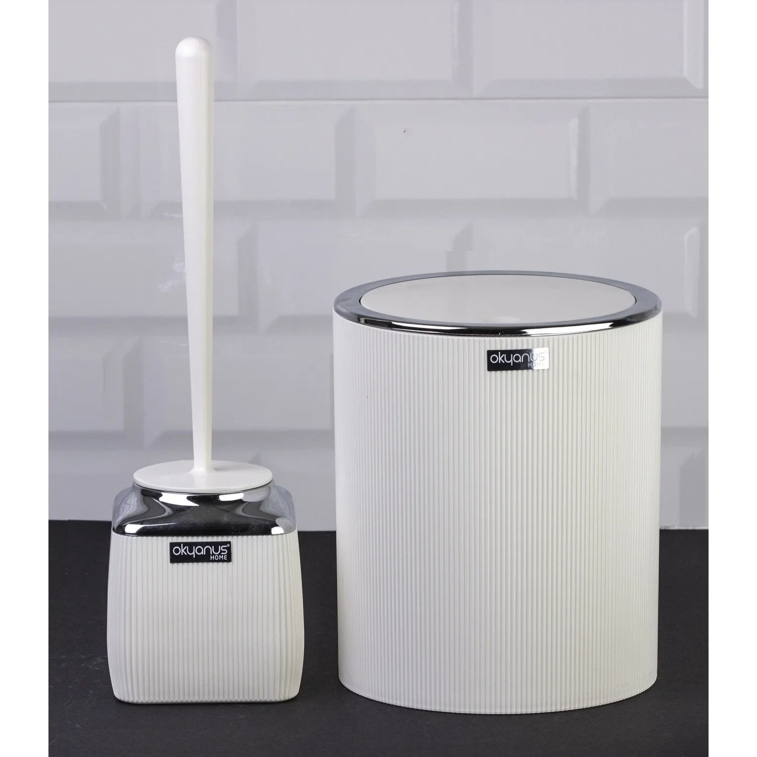 

OceanLand Striped Chrome 2 Pcs Wc Bucket And Brush Set Hard Plastic Toilet Brush Dustbin Black White Anthracite Mink
