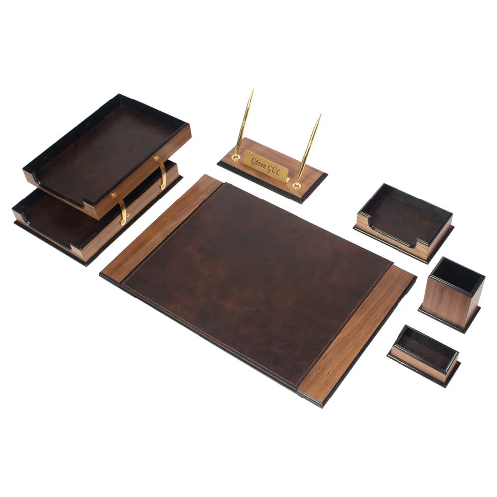 Prestige Luxury Wooden & Leather 8 Pieces Desk Set Desk Organizer Office Accessories Desk Accessories Office Organizer Desk Pad