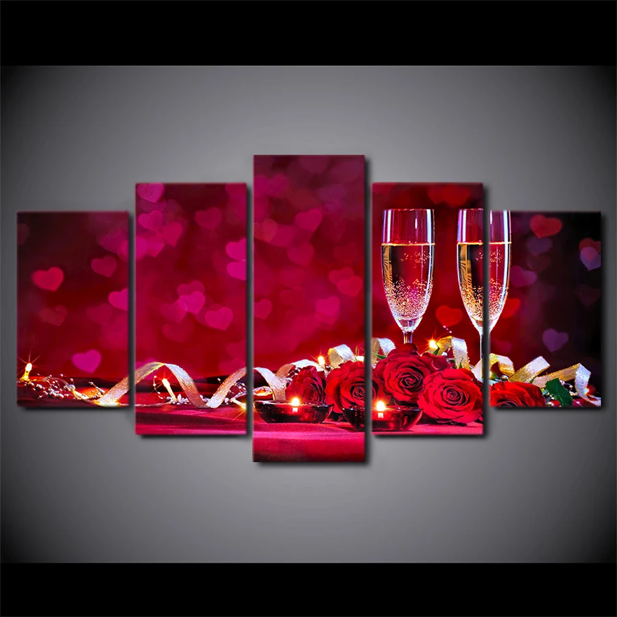

HD Printed 5 Piece Canvas Art Romantic Dinner Picture Red Roses Wine Wall Pictures for Living Room Modern Free Shipping
