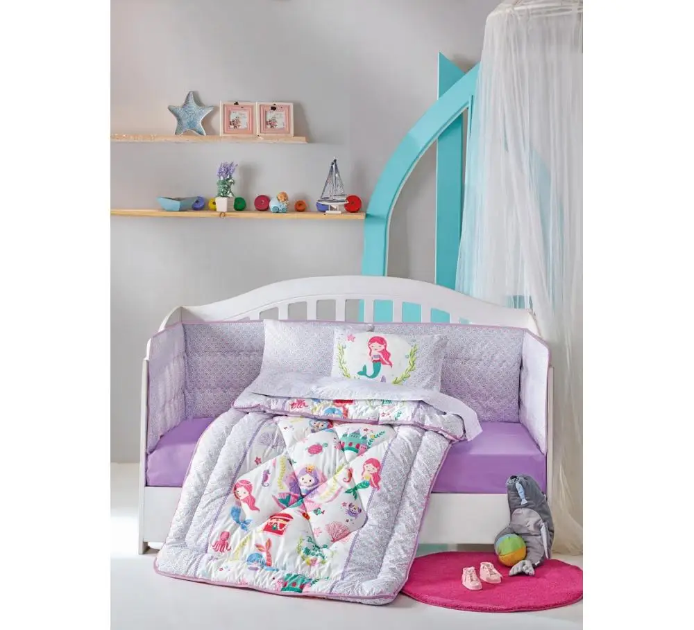 Infant Baby Crib Bedding Set Bumper MERMAID For Girl Nursery Cartoon Baby Cotton Soft Antiallergic Lilac Purple