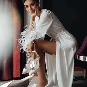 Bride Robe With Feather Sleeves White Boudoir Robe Long Gown Silk Bridal Wedding Dressing Gown Women