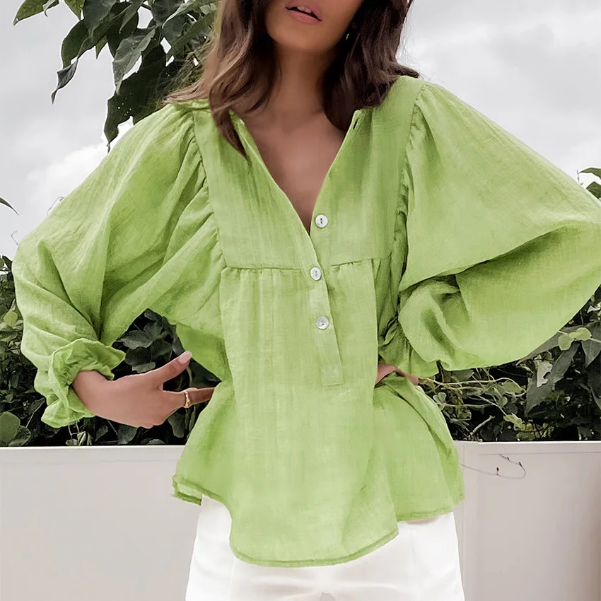 

2022 Summer New Cotton Linen Long-Sleeved Pullover Top French Style Commuter Green Niche Casual Fashion Women'S Shirt