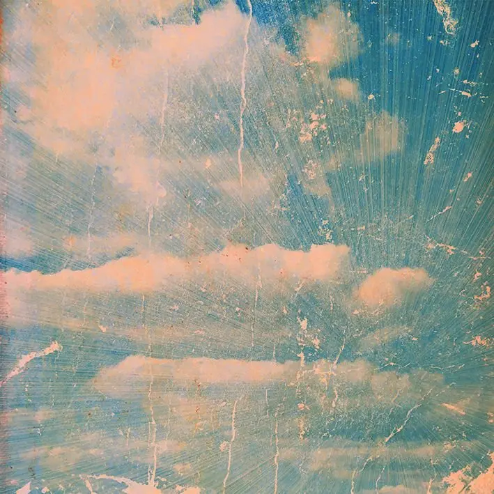 

Curtain Grunge Stains on Clouds Sky Aged Vintage Photo Style Artwork in Blue Beige Printed