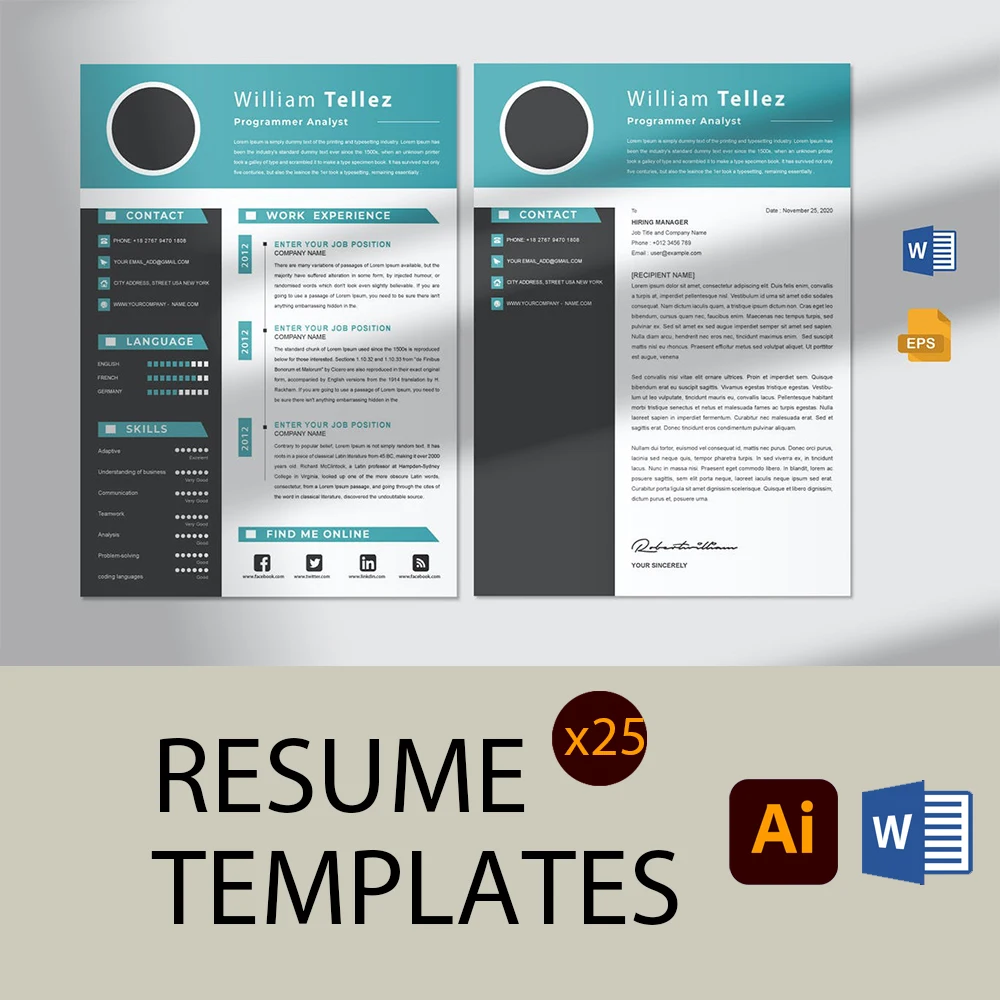 

25 Themes One Page Professional Clean Simple Modern Executive CV Resume Template Illustrator AI Word Docx Templates