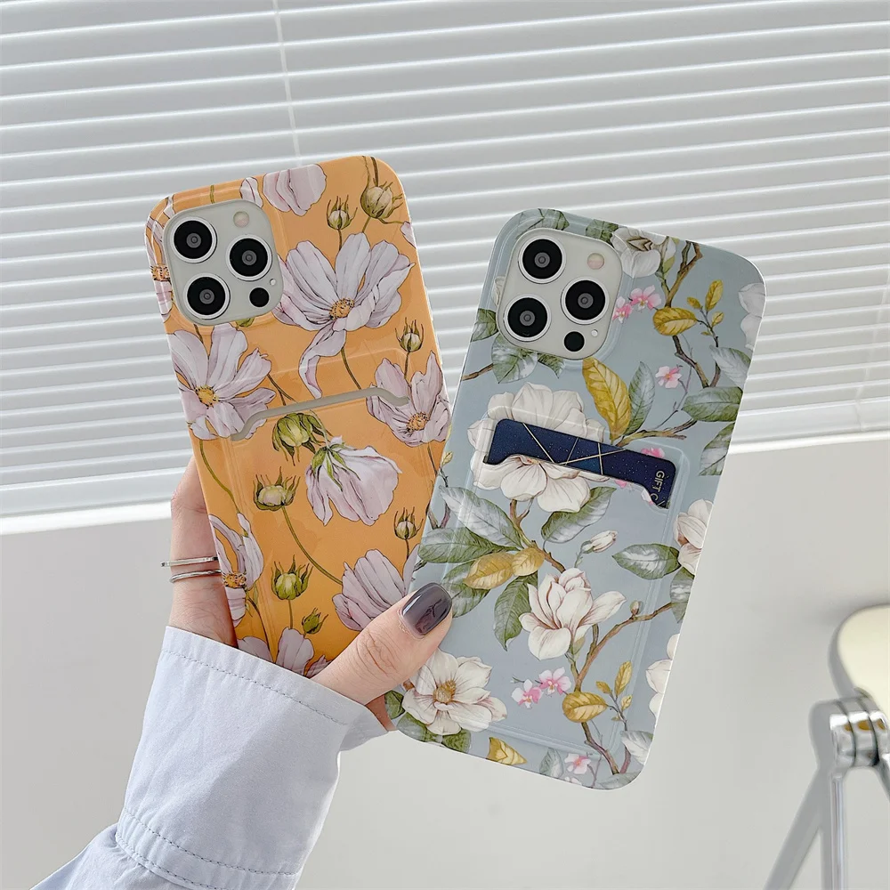 

Flowers Card Holder Phone Case for iPhone 12 11 Pro Max XR Xs MAX IMD Credit Slot Wallet Silicone Case for iPhone 7 8 Plus Cover