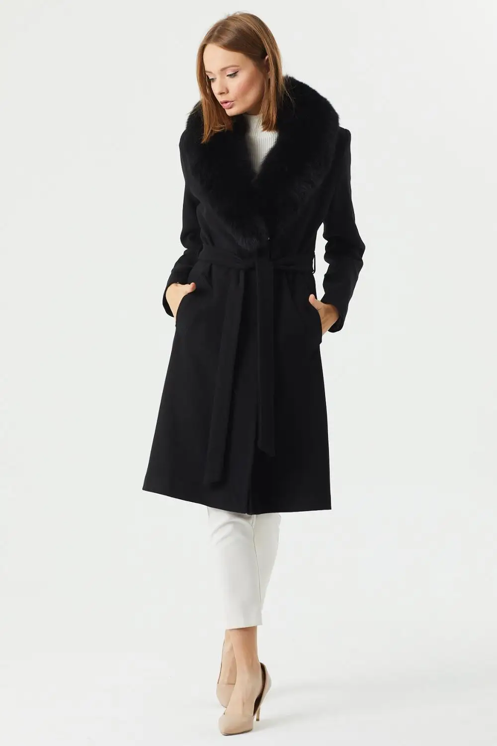 

European Size S, M, L, XL (36, 38, 40, 42) = 4 ITEMS : Women's Fox Fur Collar Coat Wool Cachet Fabric Brand Name NFree