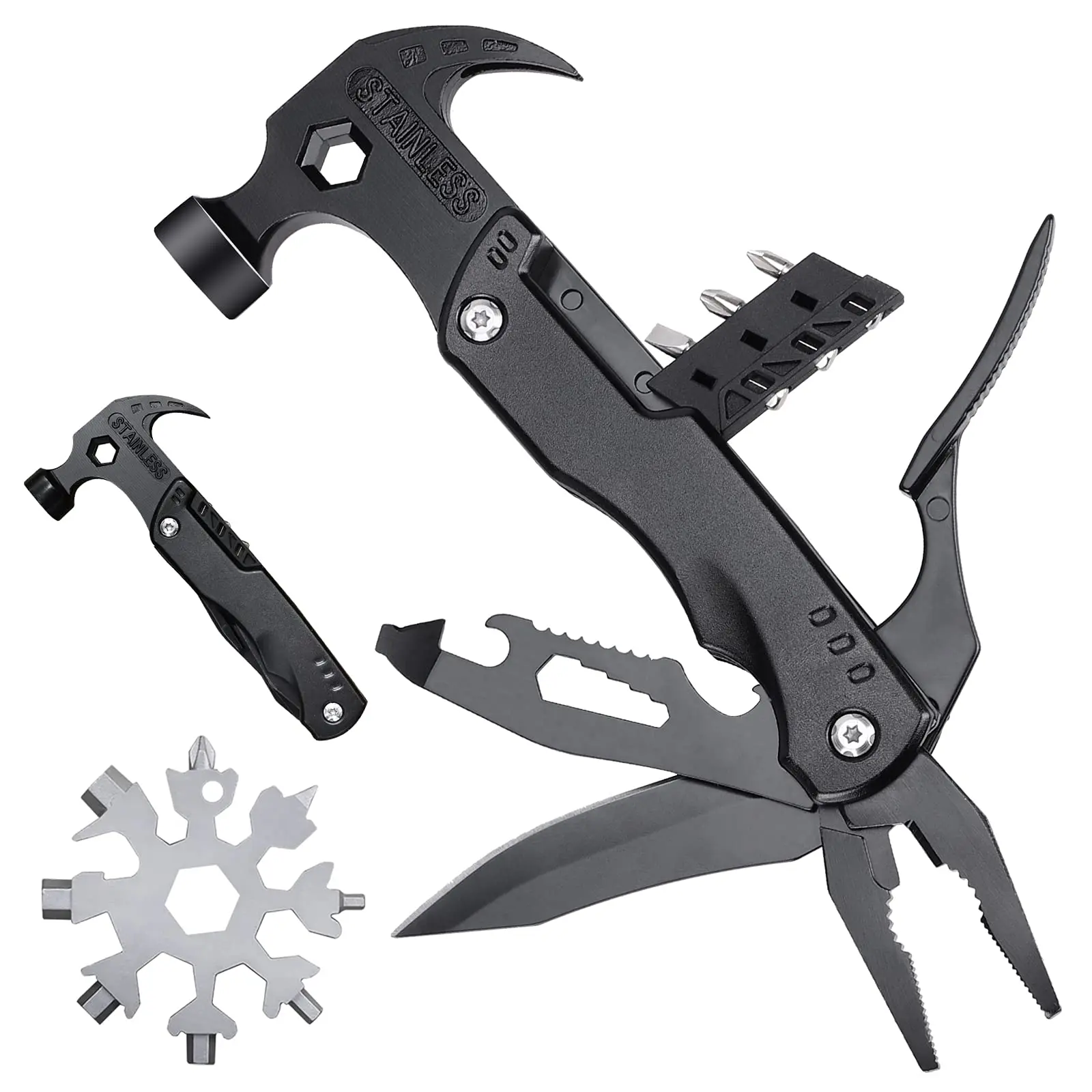 Portable MultiTool With Hammer, Screwdrivers, Nail Puller Camping Gear and Accessory Set