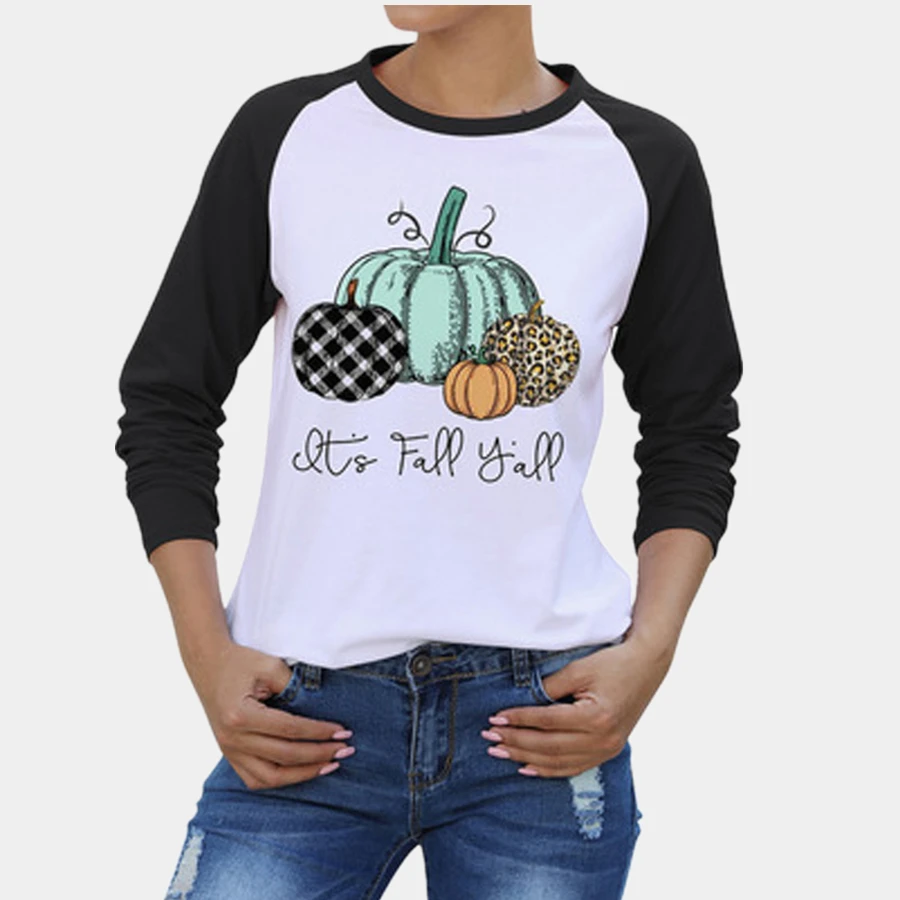 

Футболка с принтом тыквы и длинным рукавом для Хэллоуина, женская футболка с рукавом реглан, осенняя свободная футболка 2020, женская одежда
