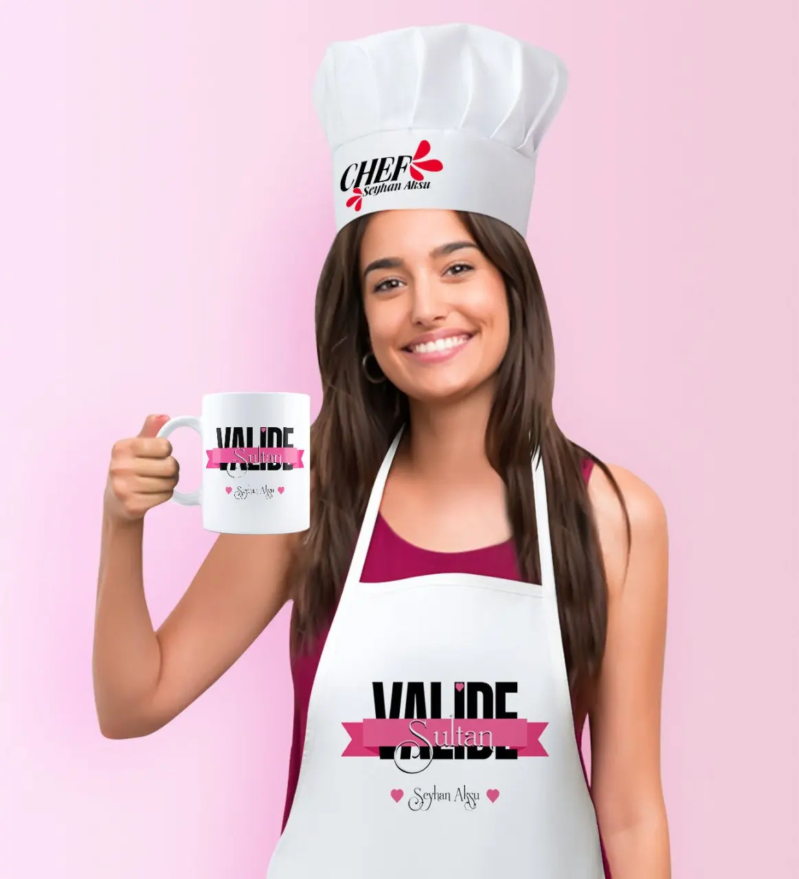 

Personalized Valide Sultan Kitchen Apron Cook Hat and Mug Set-1 Custom Design Souvenir Beautiful Memories Friends dear