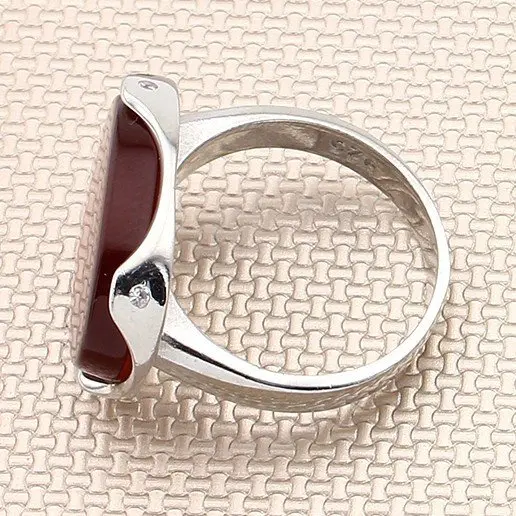 Bague en argent regardé 925 pour homme, pierre d'agate rouge nardroite unie, petit doigt, fabriqué en Turquie, solide 2