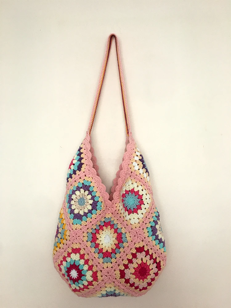 

Pink Handmade Crochet Granny Square Shoulder Bag Colorful Summer Beach Tote Hippie Granny Free Shipping With Dhl Express