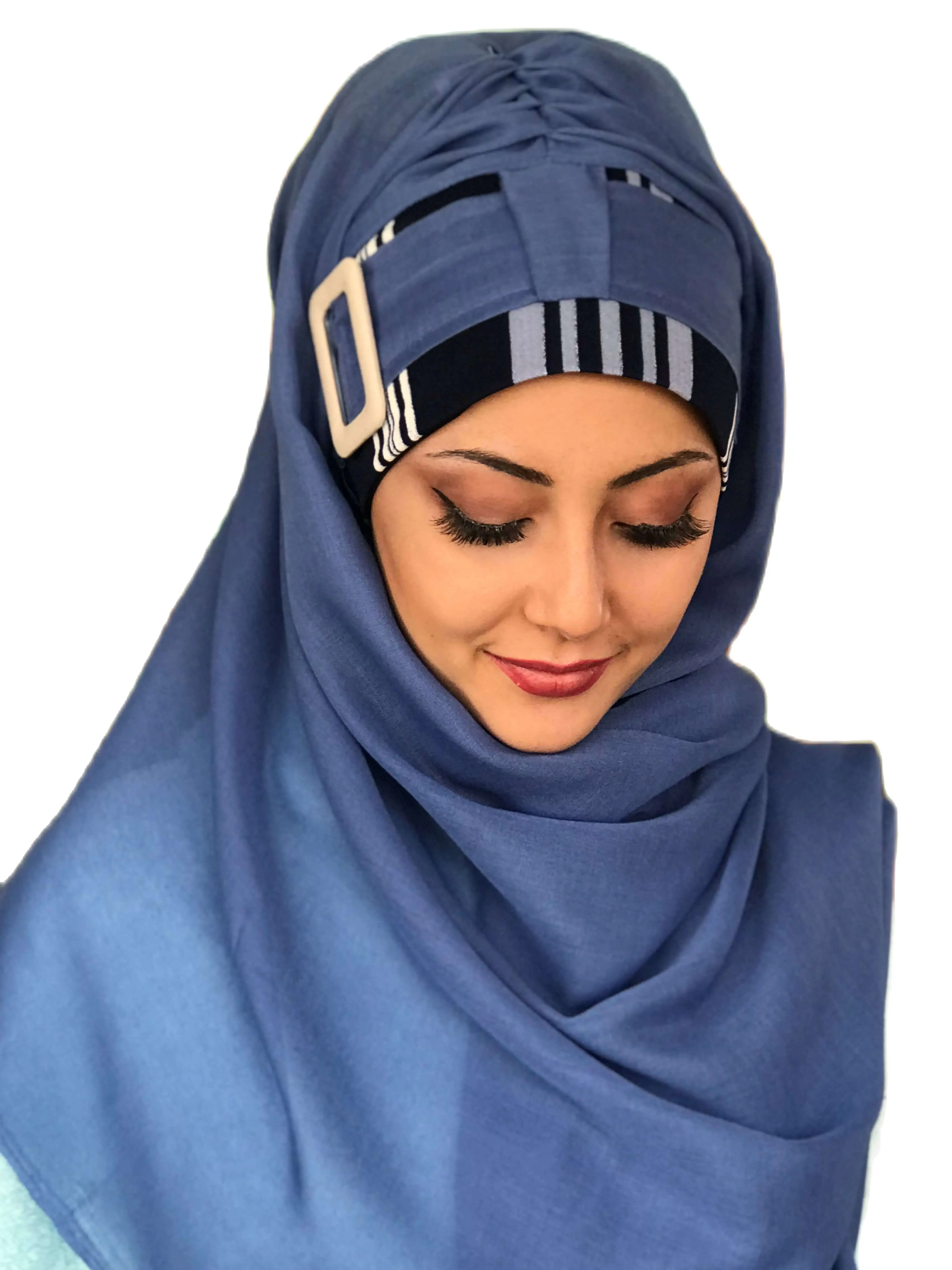 New Fashion Hijab Women 2021 Scarf Muslim Hijab Islamic Turban Hat Kerchief Blue Buckle Plaid Patterned Cotton Ready Made Shawl