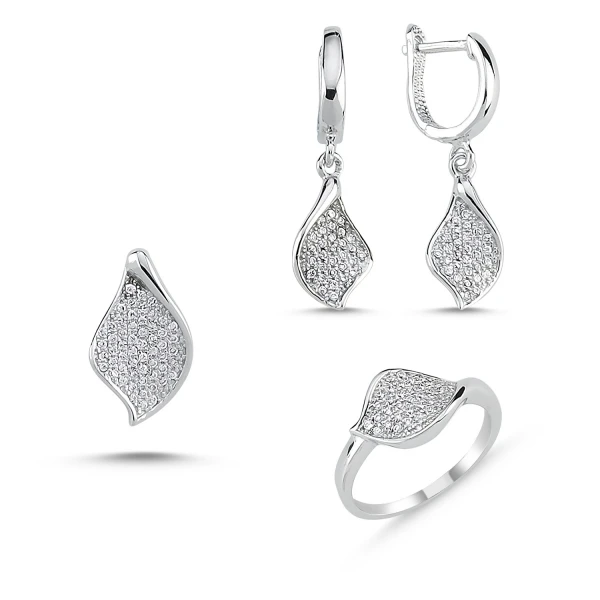 

Silver 925 Sterling Zircon Cubic Zirconia Leaf Set: Ring, Earring, Pendant