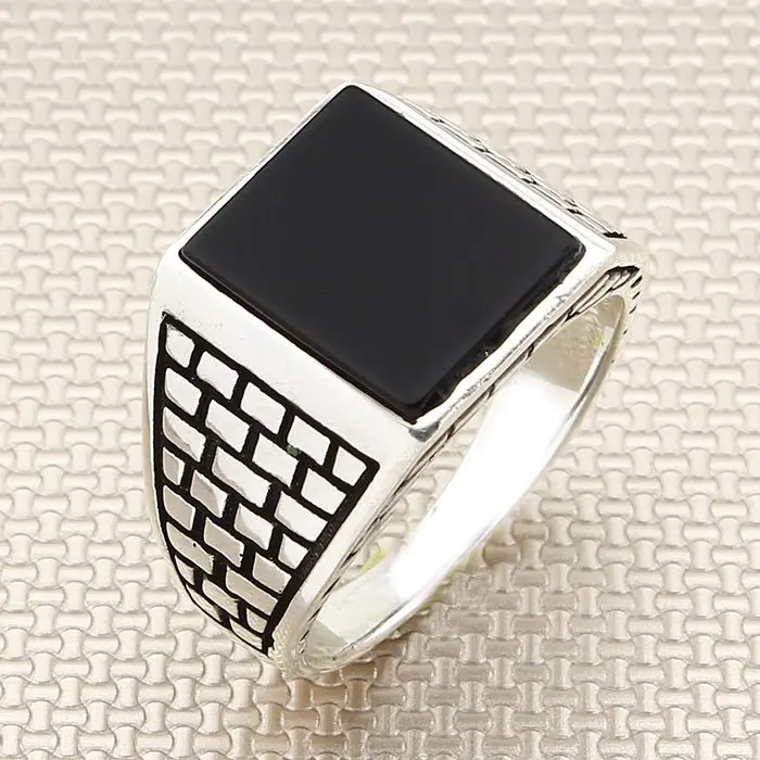 

Square Black Onyx Stone Men Silver Ring With Castle Wall Motif Made in Turkey Solid 925 Sterling Silver