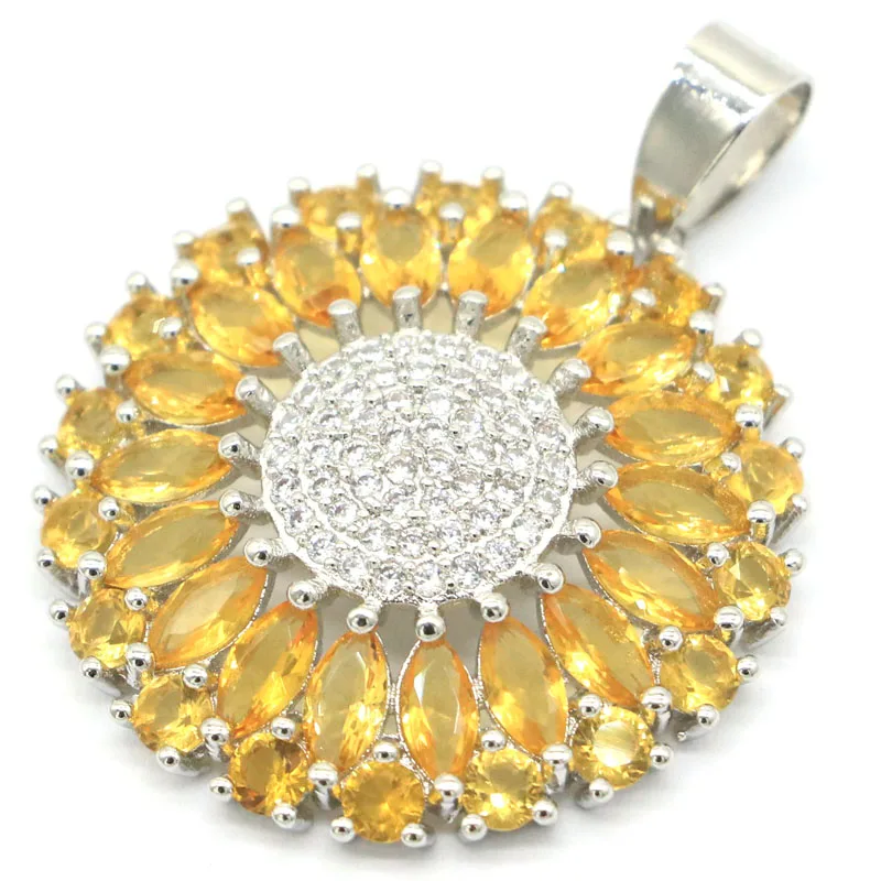 

37x28mm Delicate Fine Cut Created Round Golden Citrine White Bright Zircon Ladies Eye Catching Silver Pendant