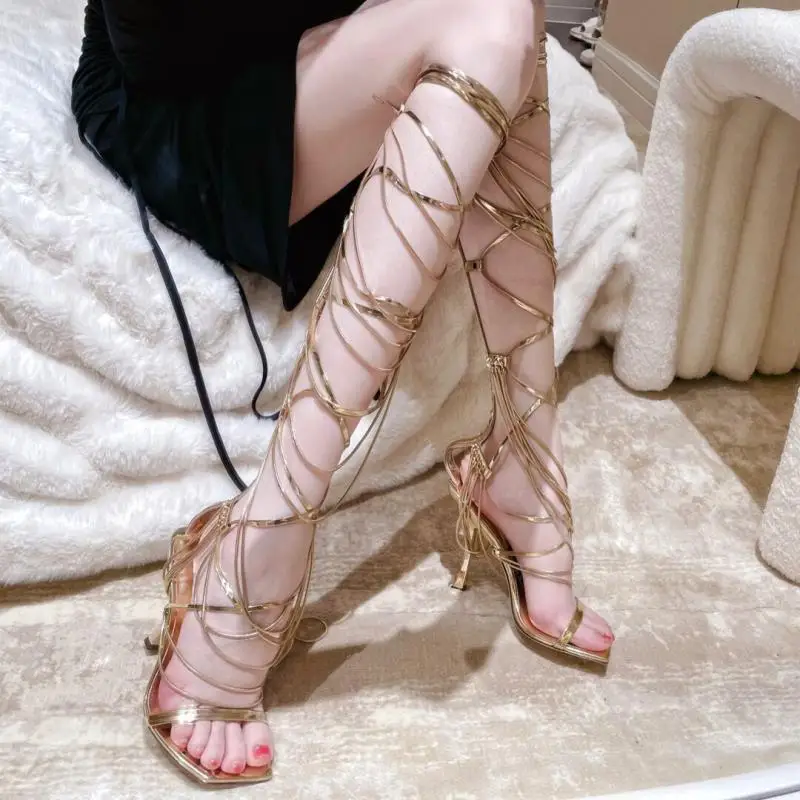 New Sexy Square Toe Gold Chain Fringes Sandals 20222 Ladies Luxury Shallow Knee High Sandals Women Zipper Metal Chains Shoes