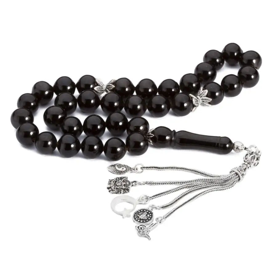 Natural Jet Stone Prayer Bead With Silver Tassel Men Rosary Islamic Tasbih With Turkish Ottoman Tassel 925 Sterling Silver