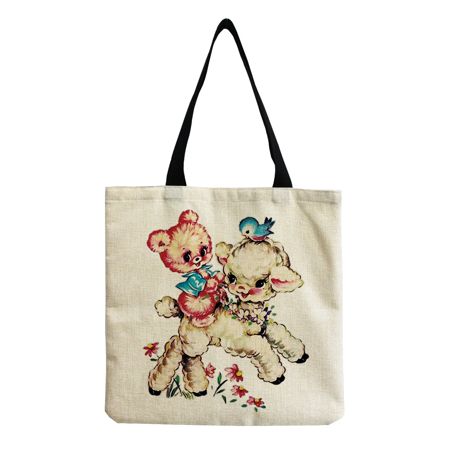 Portable Large Capacity Black Female Shopper Bags Sheep Floral Cartoon Printed Tote Personality Cute Animal Simple Size Handbag